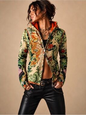 Boutique Cashmere Dragon Print Zip Hoodie | Johnny Was Inspired Wearable Art